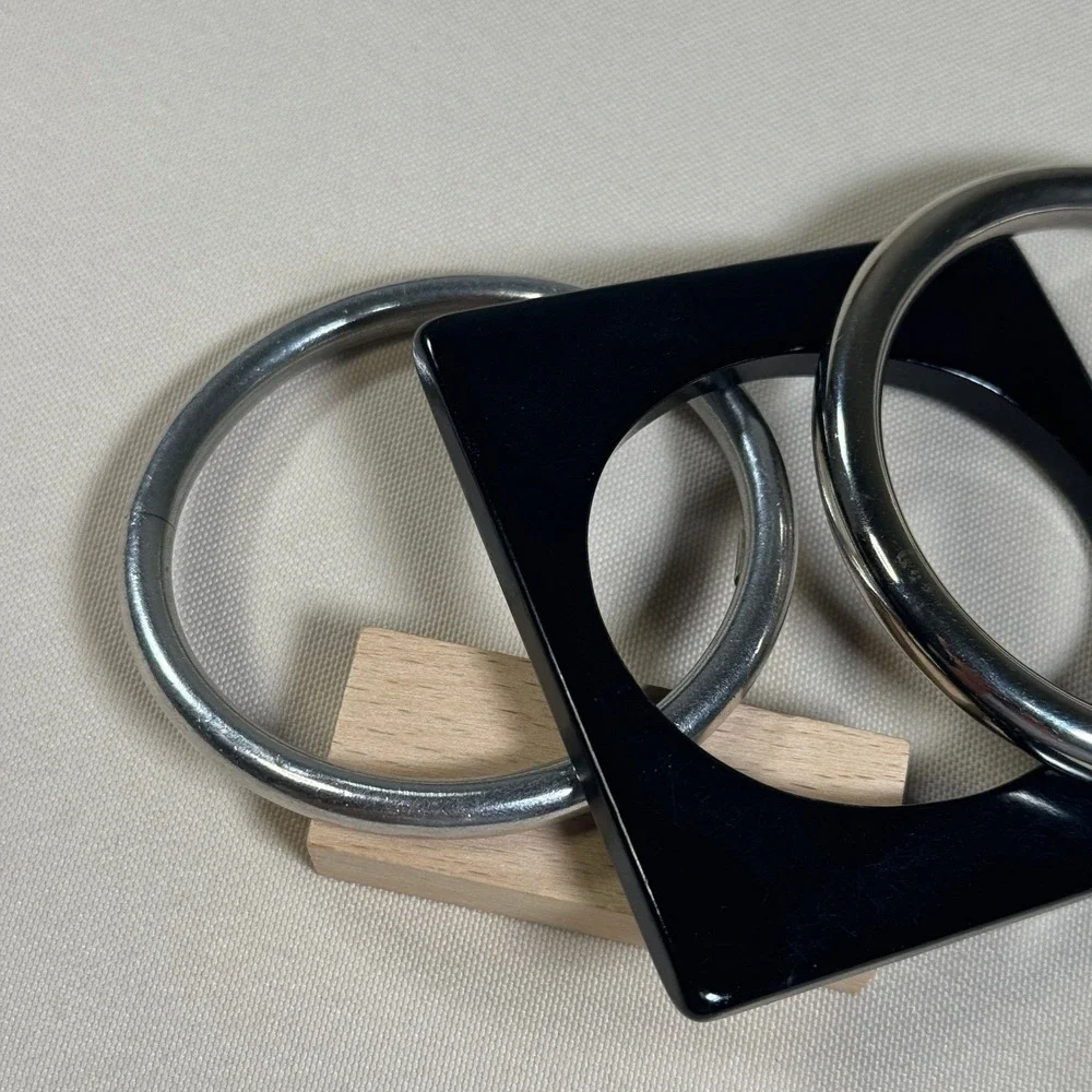 Vintage Monet Bangle‎ Bracelet Set Silver Tone Round Black Lucite Square MCM